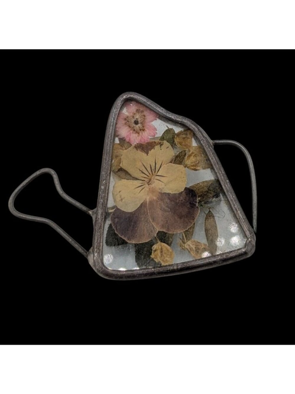 Vintage Cottagecore Papel Giftware Watering Can Brooch With Real Pressed Flowers